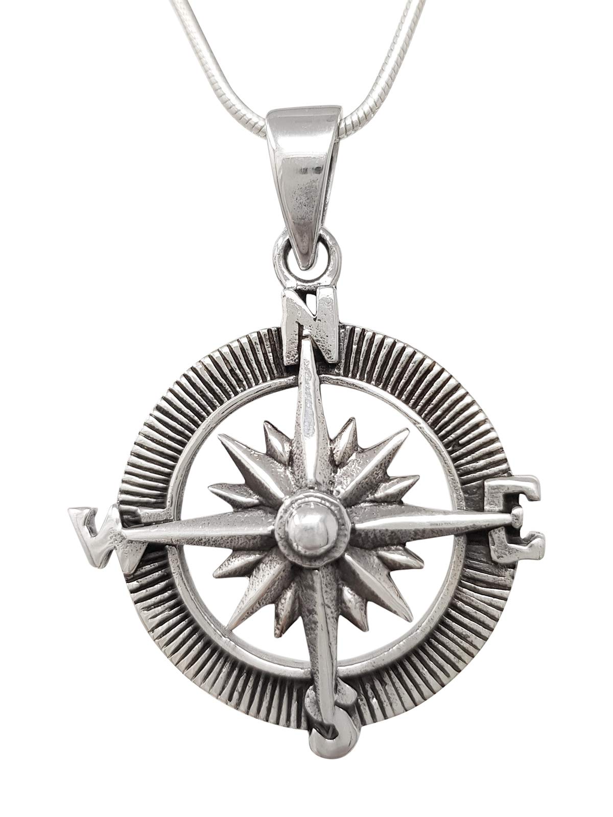 Treasure Bay Men's Compass Silver Pendant Necklace | Compass 925 Silver Pendant Necklace on Chain for Men and Women, Seamen Pendant
