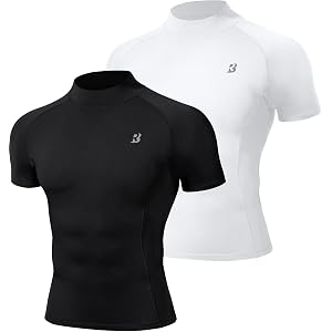 Roadbox 2 Pack Men's Compression Shirt Short Sleeve, Mock Turtleneck Athletic Undershirt, Cool Dry Base Layer Top for Workout