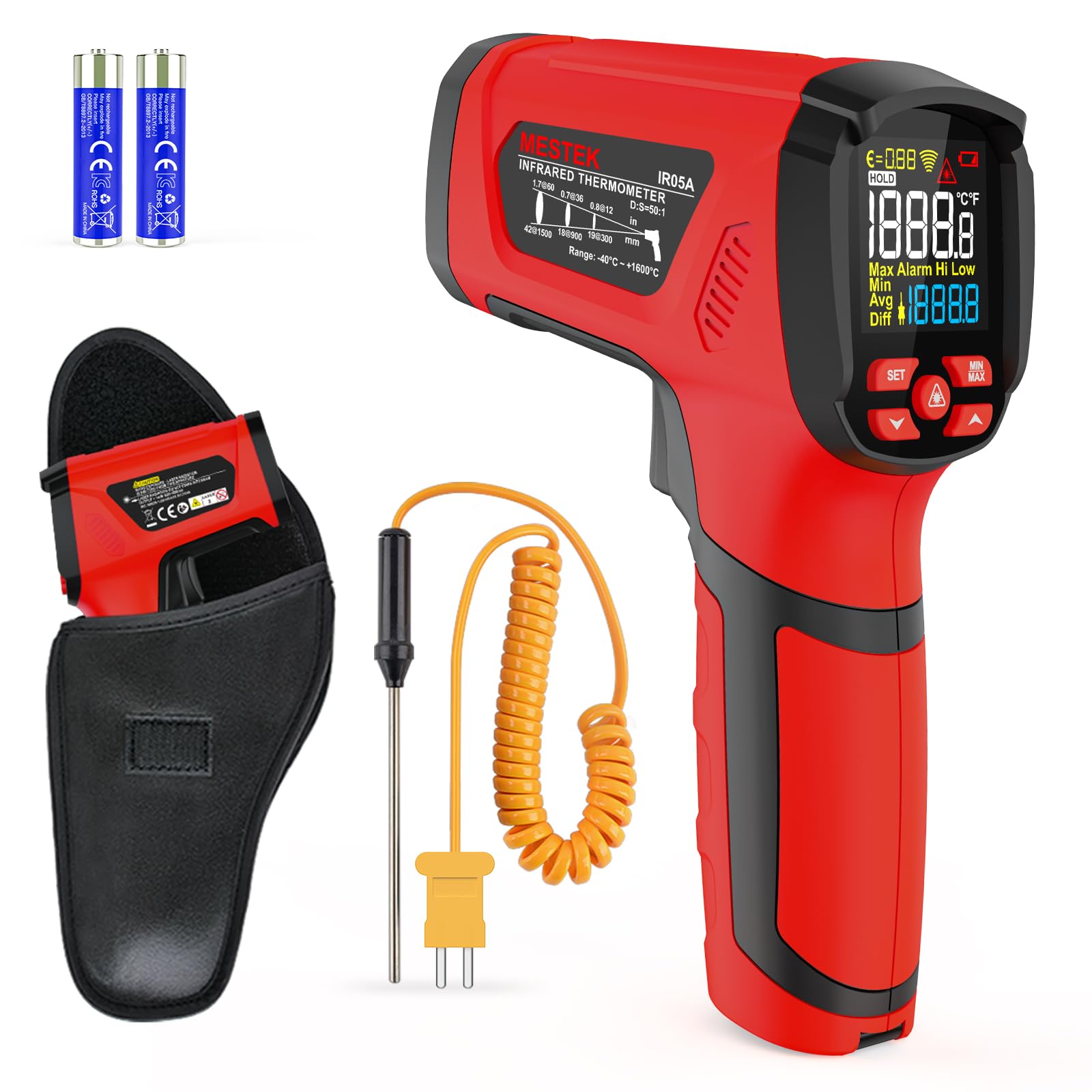 Photo 1 of -40?~2912? MESTEK Infrared Thermometer Temperature Gun,50:1 Dual Laser High Temp Thermometer with Thermocouple Probe, Non-Contact Industrial Pyrometer for Engine, Kiln, Forging, Industrial Use
