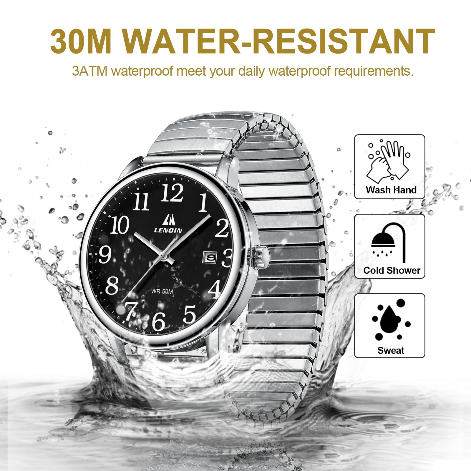 LN LENQIN Mens Watches Stainless Steel Analog Quartz Watch for Men Easy Reader 38 mm Fashion Business Waterproof Men's Wrist Watches with Date and Expansion Band