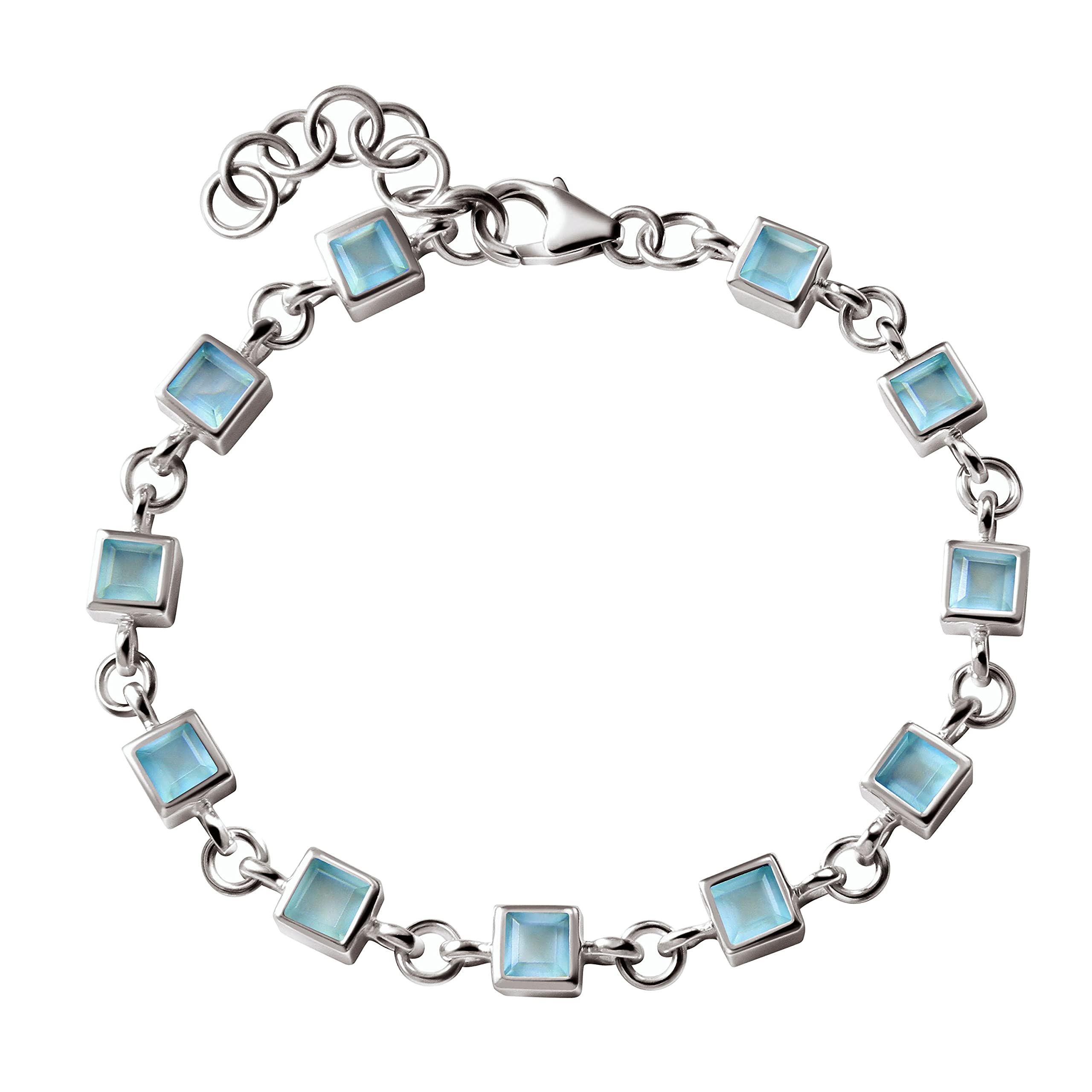 Franki Baker Facetted Square Cut Blue Green Natural Aqua Chalcedony Gemstone & 925 Sterling Silver Tennis Bracelet 19cm+5cm extension