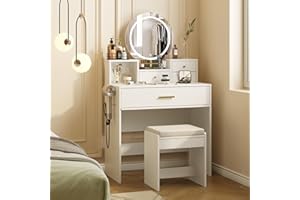 Viplive Vanity Desk with Lighted Mirror, Wood Makeup Table with Charging Station, Modern Makeup Vanity with 3 Lighting Modes, White Vanity Desk, Dressing Table for Bedroom Girl Women