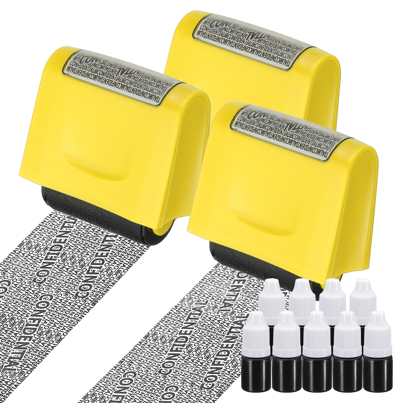 PATIKIL Identity Theft Protection Roller Stamp, 3Pcs 0.7" Confidential Roller Stamp Privacy ID Police Stamp Roller for Security ID Address with 9Pcs Refills, Yellow