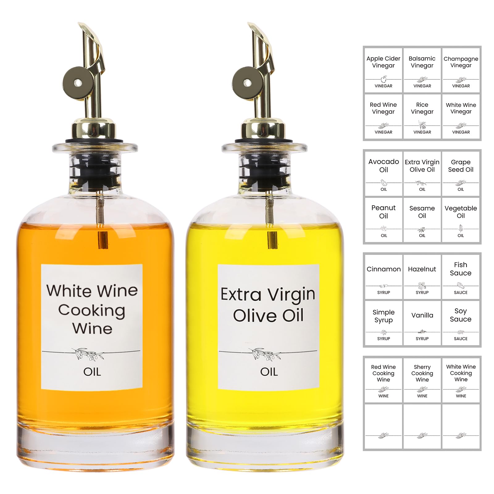 Photo 1 of ***ONLY ONE BOTTLE *** Alotpower Olive Oil Dispenser Bottles Set - 2 Pack 500ml Empty Kitchen Oil Containers with Gold Lids & 24 Labels, Round Oil & Vinegar Dispenser for Cooking