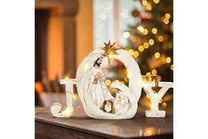 Soaoo Christmas Nativity Scene with LED String Lights Nativity Figure Set Holy Family Manger Christmas Decoration Light up Decor for Indoor Tabletop Mantle Fireplace(Joy)