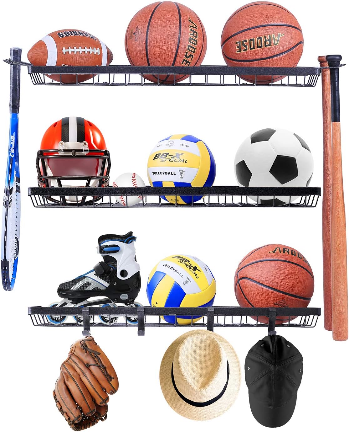Mythinglogic Sports Equipment Storage Rack,Wall Mount Ball Rack Garage Organizer, 3 Separate Ball Storage Rack for Basketball, with Hooks: Sports & Outdoors