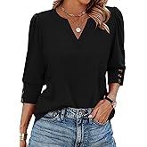 WIHOLL 3/4 Length Sleeve Womens Tops with Button Cuffs Dressy Casual V Neck Summer Outfits Early Fall Fashion Spring Clothes