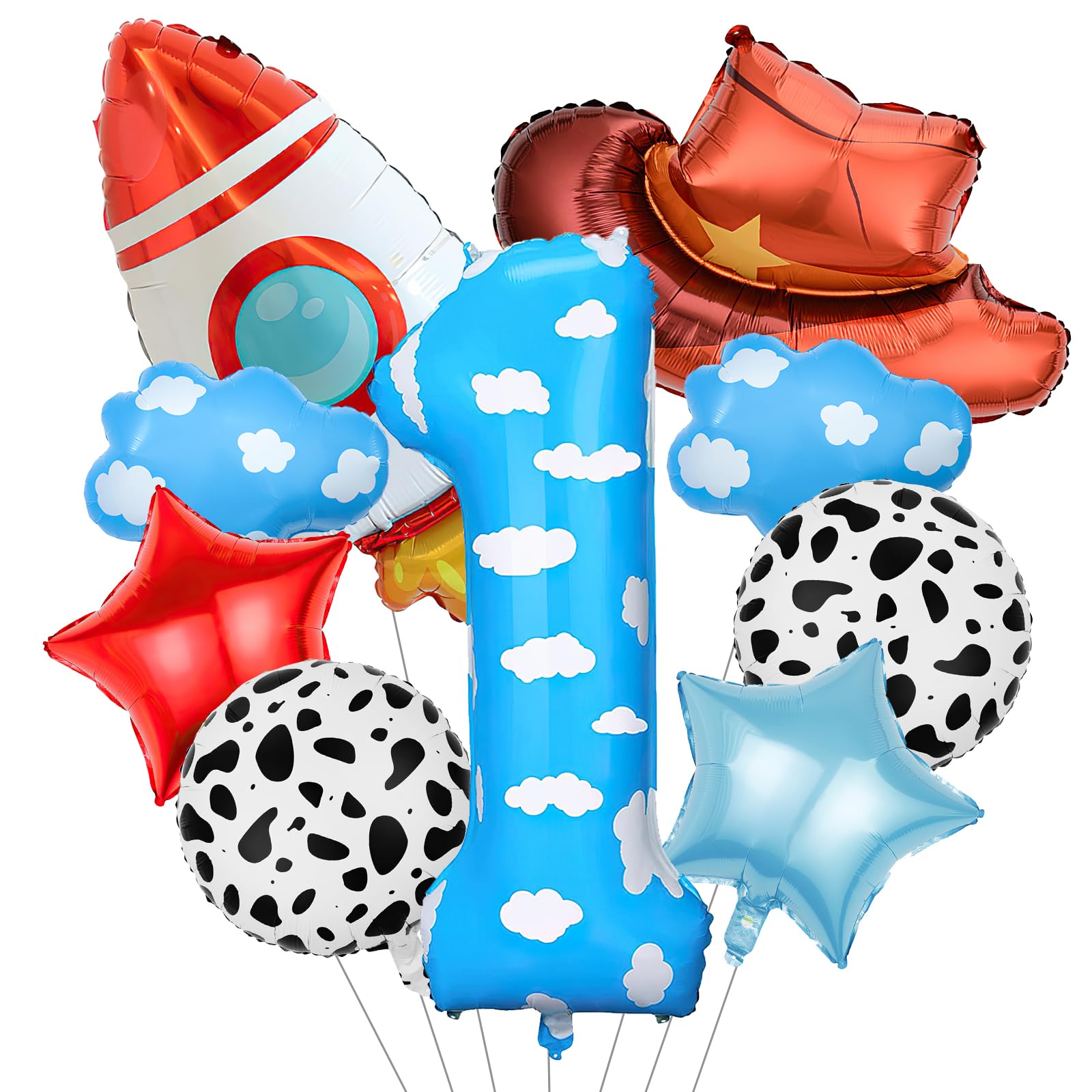 Photo 1 of Toy Themed Decorations, 9pcs Cow Print Sky Blue Cloud Balloons with Rocket Balloon and Cowboy Hat Balloon for Kids Inspired Story 1st Birthday Party Decorations (1ST)
