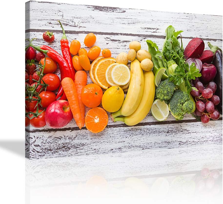 Amazon Com Kitchen Pictures Wall Decor Multicolored Fresh Fruits And Vegetables Canvas Wall Art Modern Home Decor Ready To Hang 16 X24 12 Posters Prints