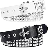 AEXHOT 2 Pcs Black White Studded Belt Y2k Belt Punk Rock Belts with Grommet Threads Bright Metal Pyramid Gothic Belts for Women Men