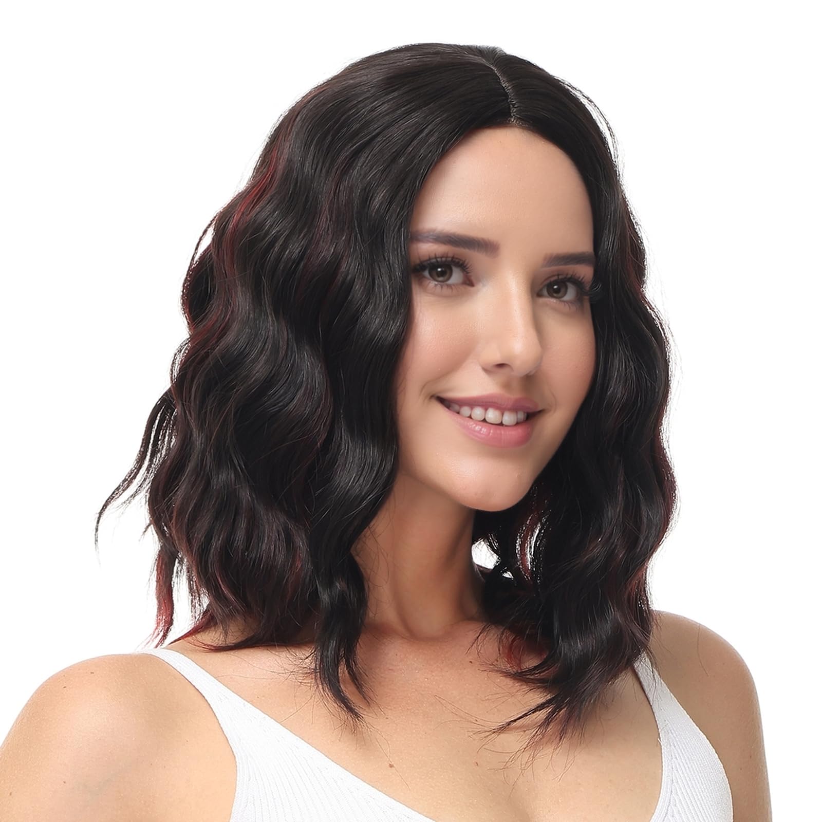 BUYOGET Medium Short Wig Wavy Bob Wig Realistic Natural Lace Front Scalp Adjustable Synthetic Shoulder Length Curly Wigs for Women Black Mix Red — image 1