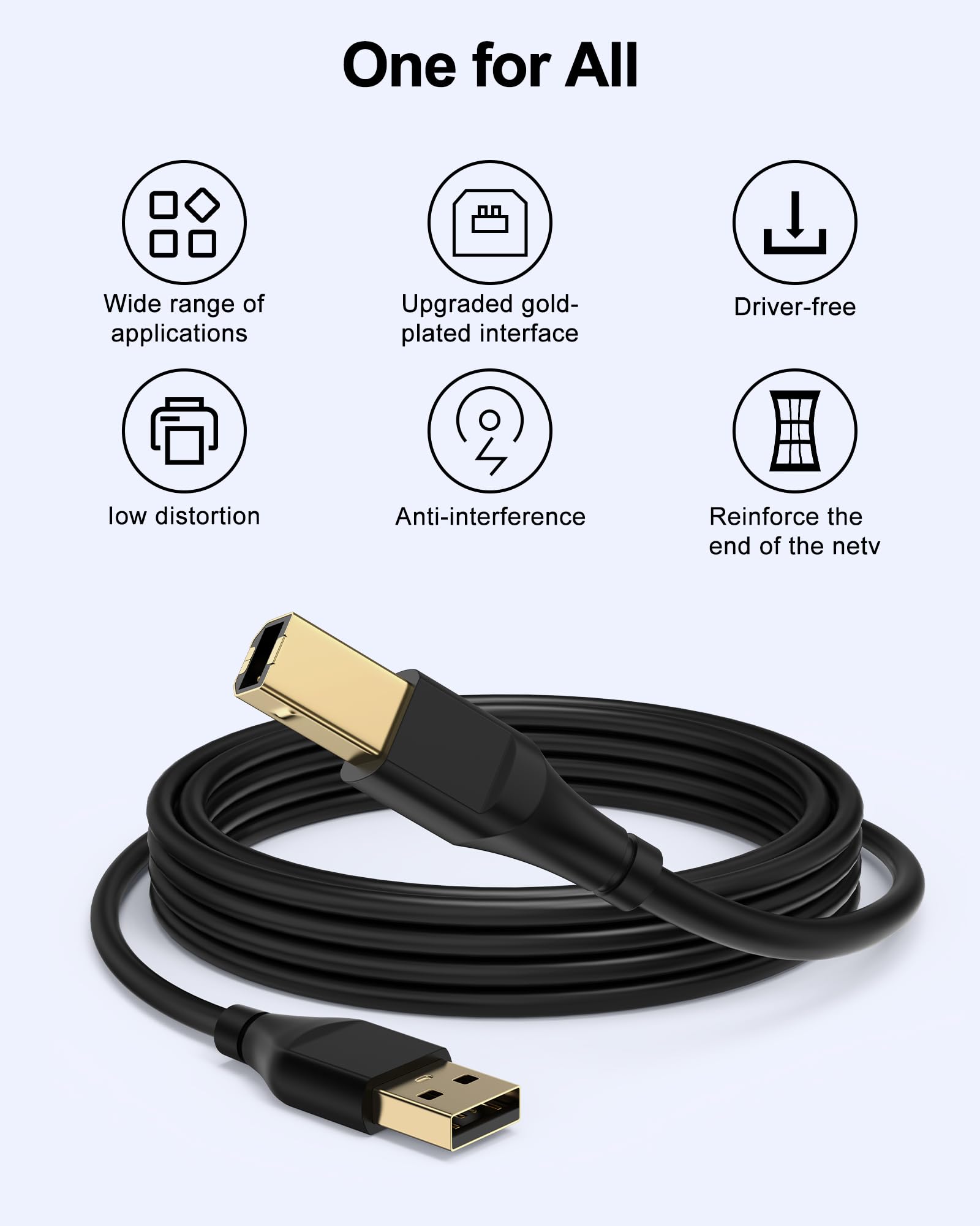 HP Printer Cable 6ft, Square USB A to USB B Cable for Printer/Scanner Epson, HP, Canon, Brother, Ethernet Print Smoothly Connect to Computer/Laptop/Pc - USB 2.0 Type B Impresora Midi Long Cord, 6 Foot