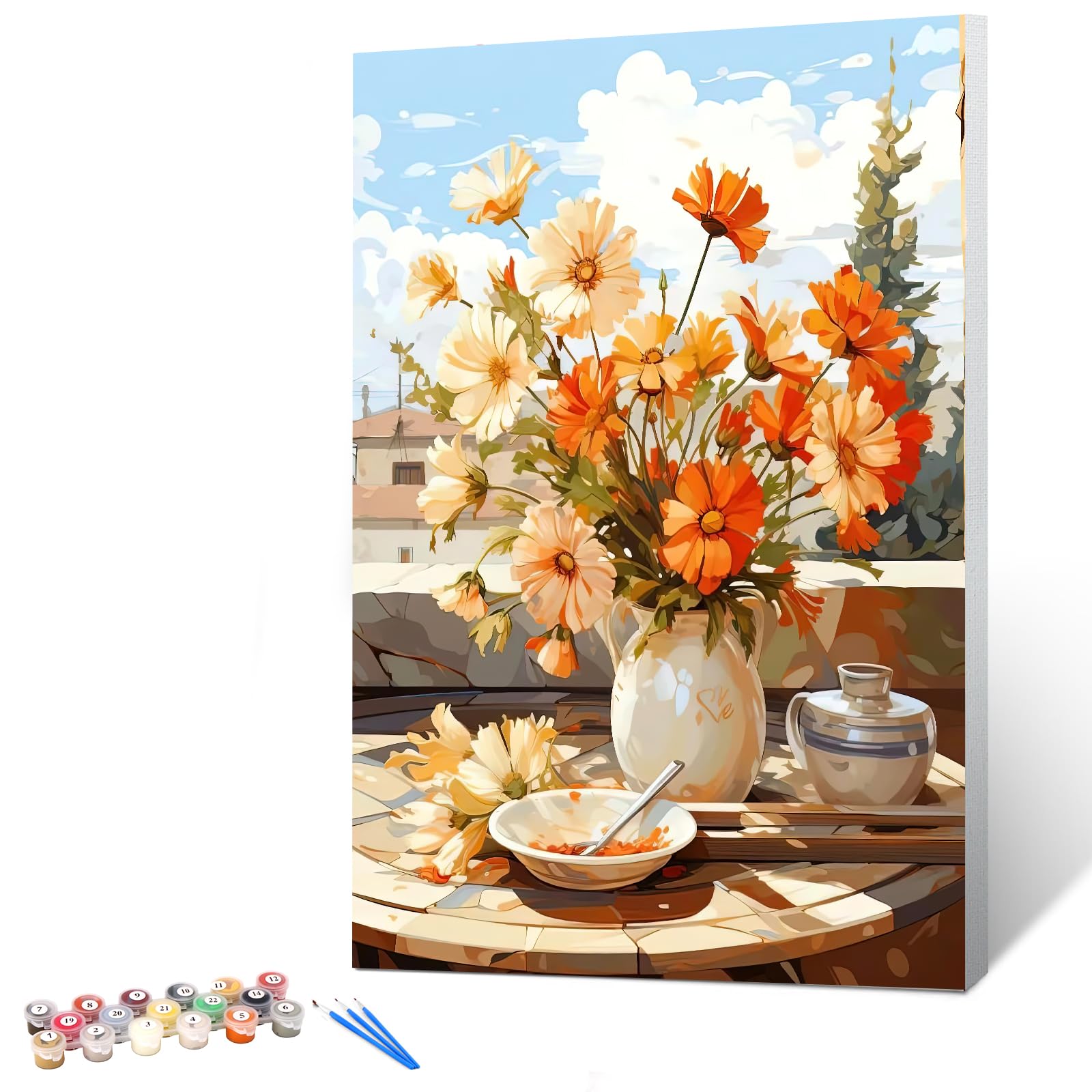 Photo 1 of Ginkko Paint by Numbers Kit for Adults Beginner & Kids Ages 8-12 with Wooden Frame Easy Acrylic on Canvas 9x12 inch with Paints and Brushes, Flower 03(Include Framed)