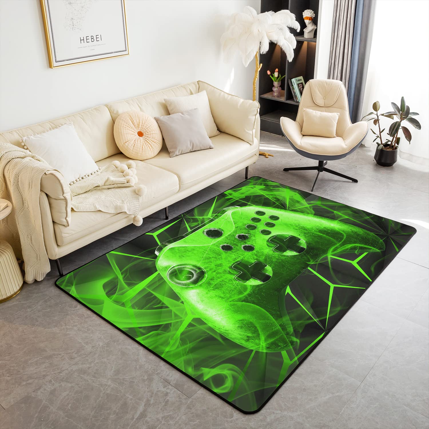 Loussiesd Gamer Area Rug Mat Boys Video Game Rugs for Living Room Bedroom Soft Cozy Carpet Game Room Decor Boys Teens Green Gamepad Area Carpet 100 * 150cm
