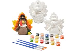 Gift Boutique - Thanksgiving Ceramic Turkey Shelf Sitters Paint Craft Kit Set of 3 Unpainted Ceramics Harvest Turkeys Figurines Table Top Decor for Kids Art Project, Decoration Paint & Brush Included