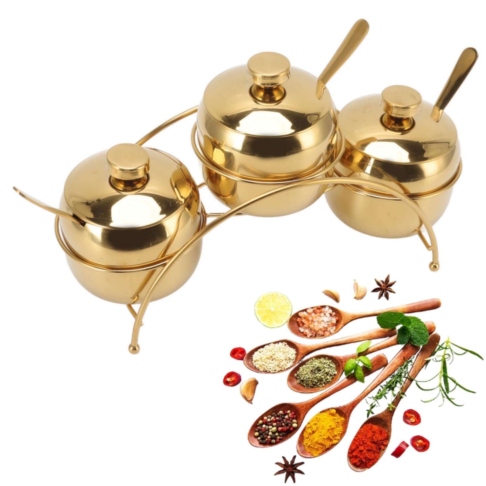 Cyrank Sugar Bowl with Lid, 3 Set 8.5x6.2cm Stainless Steel Seasoning Box with Spoon and Lid Gold Seasoning Containers Set Container Salt Bowl With Storage Rack for Kitchen(Gold)