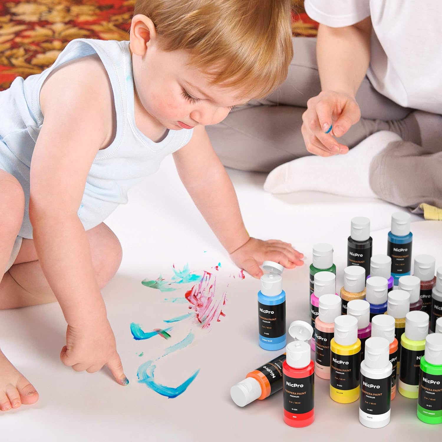 Nicpro Tempera Washable Paint for Kid & Toddler, 32 Colors (2 oz/Tube) Liquid Finger Paint Kit with 3 Brushes Non Toxic for Hand, Poster, Paper, Canvas, Sponge Painting & Art Craft DIY Projects: Home Improvement