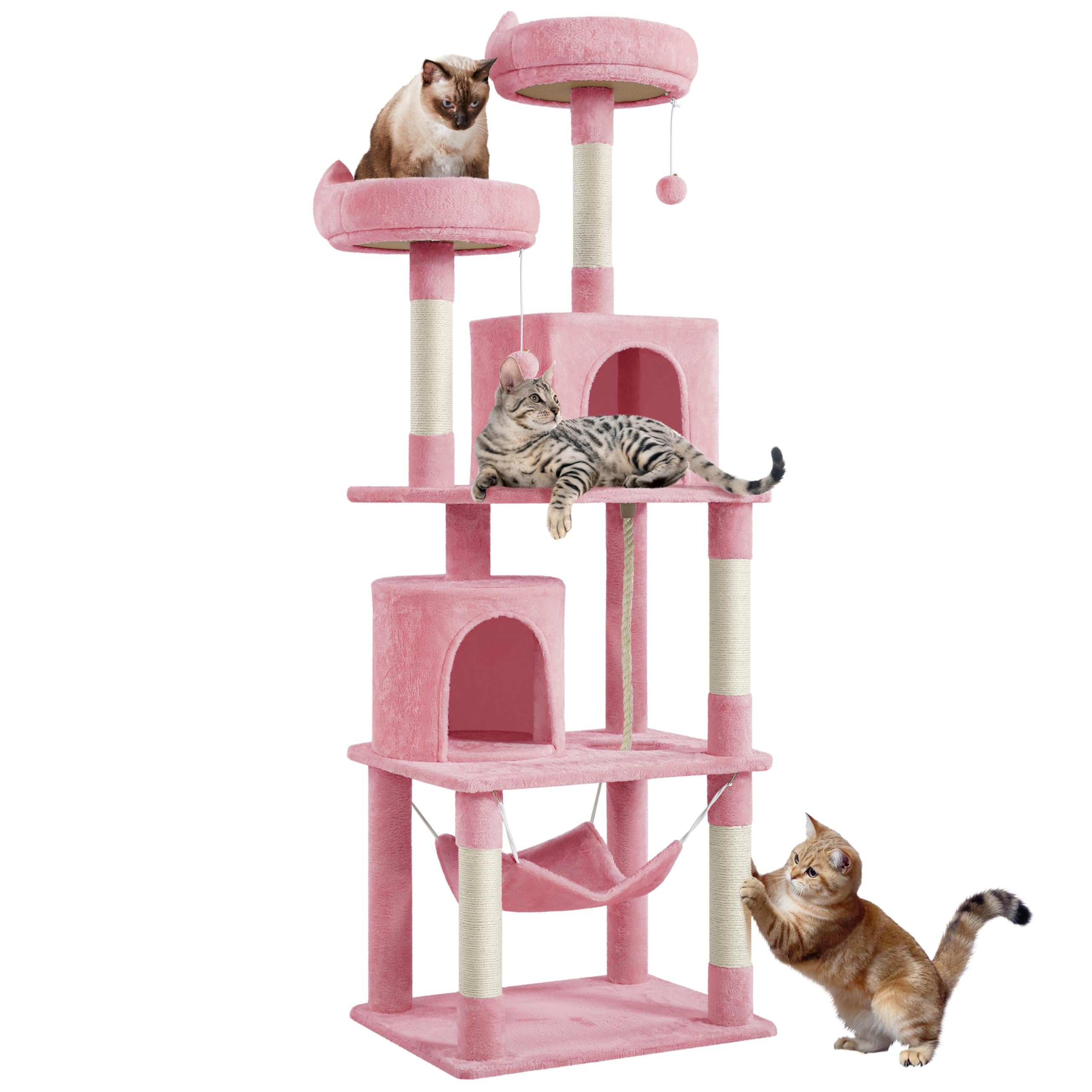 Yaheetech Cat Tree, 70.5in Cat Tower for Indoor Cats, Multi Level Cat Condo Activity Center Play House with Hammock, 2 Plush Perches, Dangling Ball, Pink Image