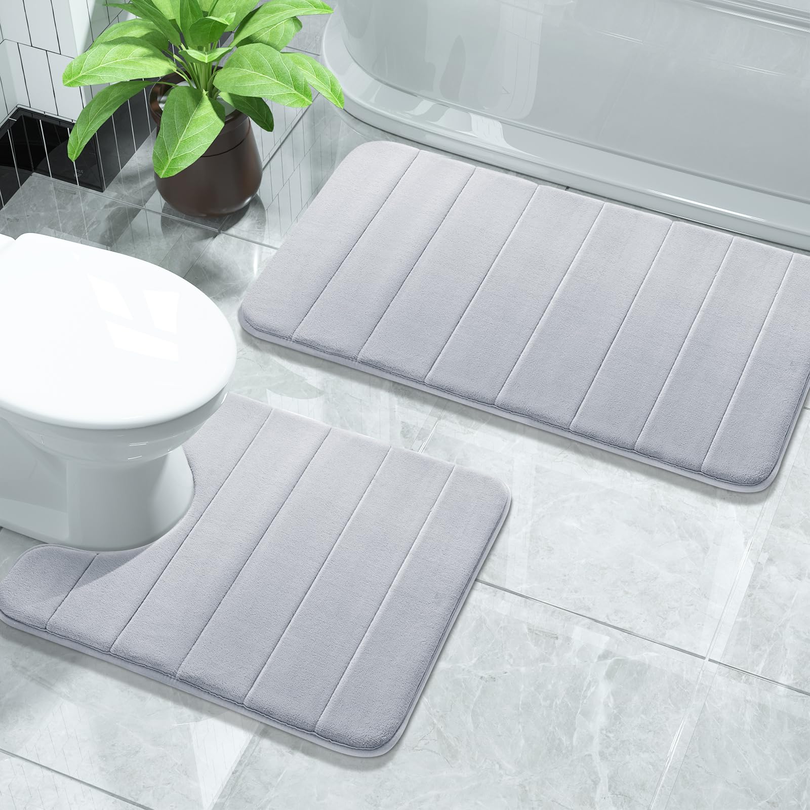 Yimobra Memory Foam Bath Mat Set, 2 Piece Soft Bathroom Rug,81x51 cm and 61x52 cm U-Shaped, Toilet Mat, Water Absorption, Non Slip, Thick, Dry Fast for Bathroom Floor Mat, Silver