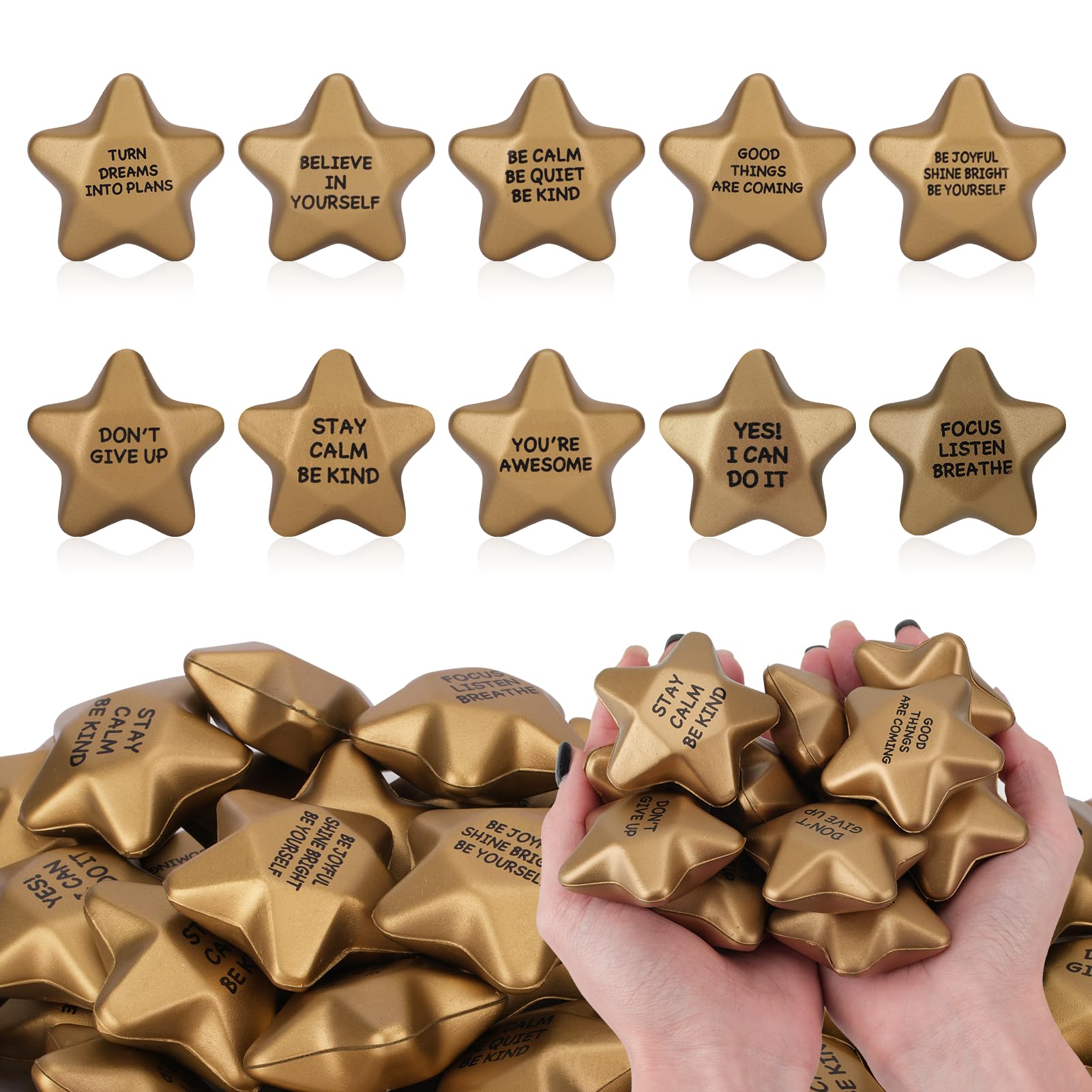 SHQDD 100PCS Stress Balls, Star Stress Balls for Adults & Kids - Motivational Quotes Soft Foam Stress Relief Squeeze Toys, Office Classroom Stress Relief Gifts, Student Prizes (Motivational,2.16 Inch)