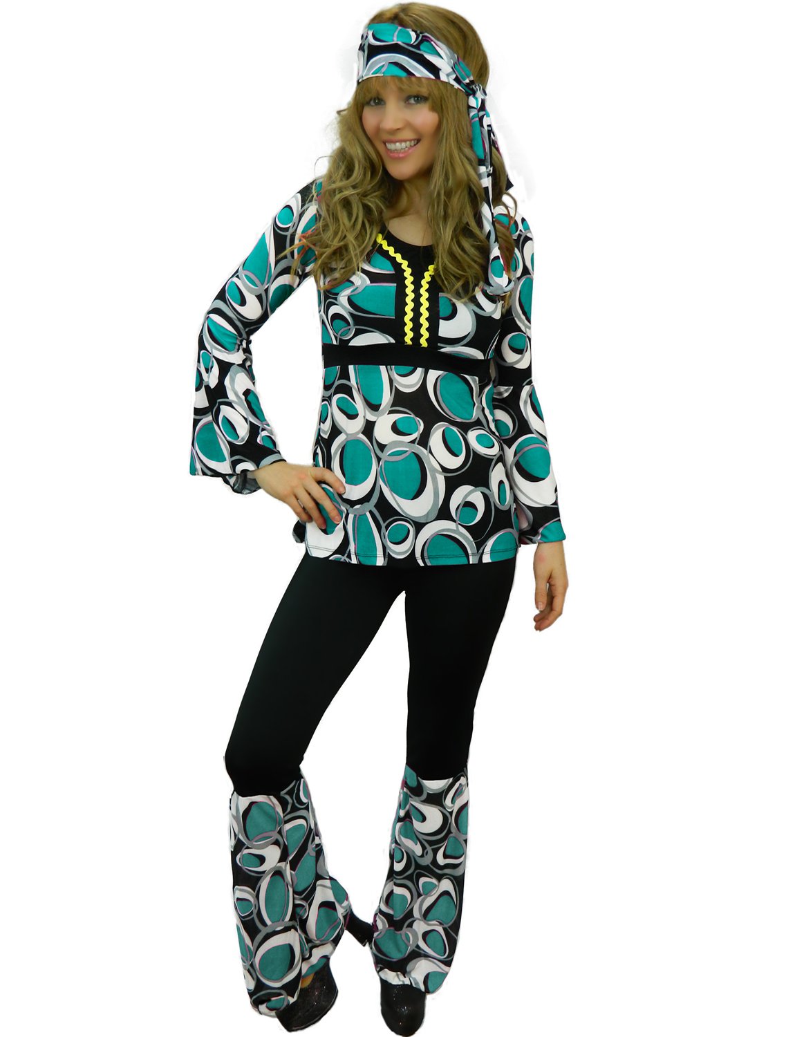 Yummy Bee Hippie Costume for Women - 60s 70s Flower Power Fancy Dress - Plus Size (Turquoise, 18)
