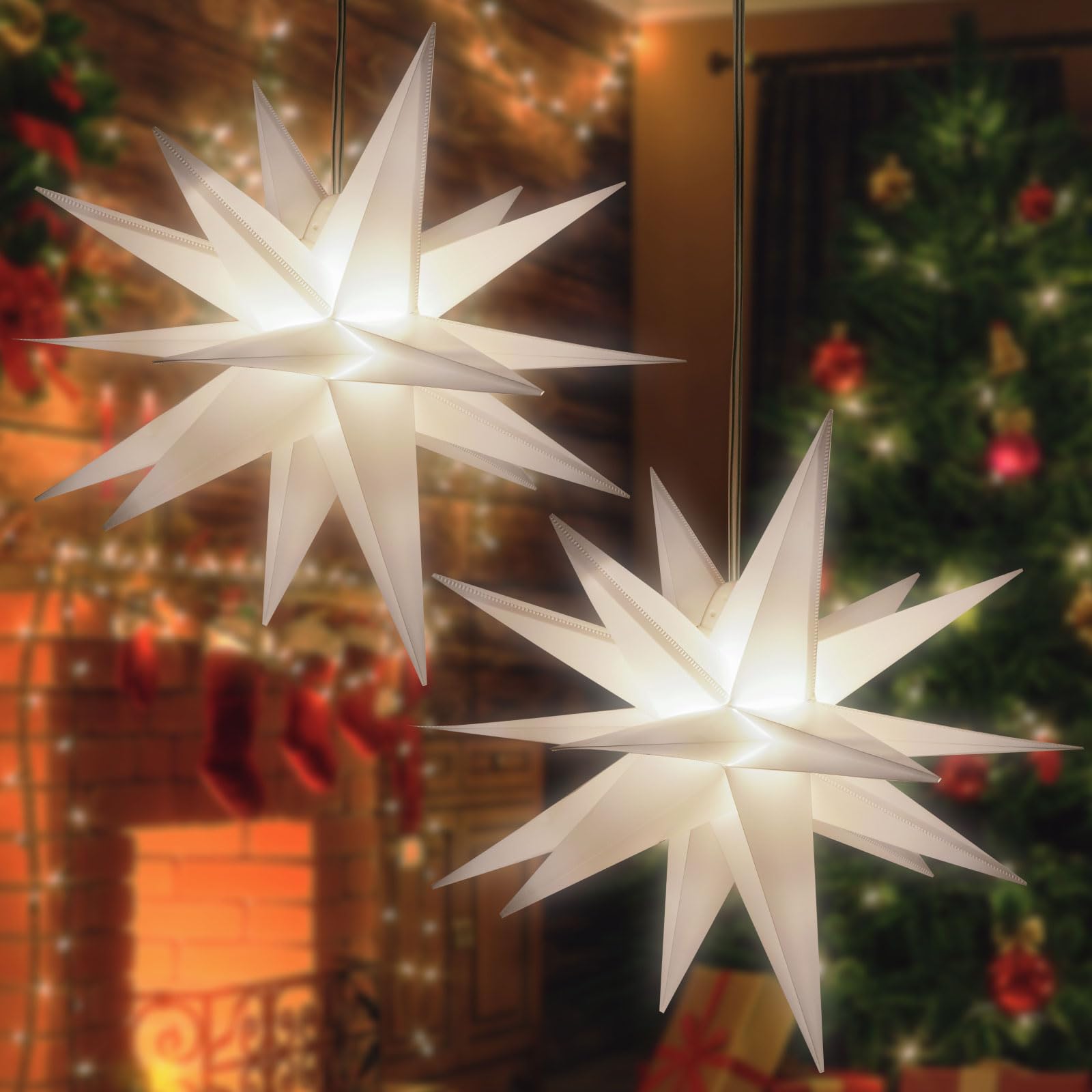 Photo 1 of 2 Pack 18-Pointed Moravian Star Christmas Lights Decorations with Timing Function, Hanging Outdoor/Indoor Christmas Star Decor (23")