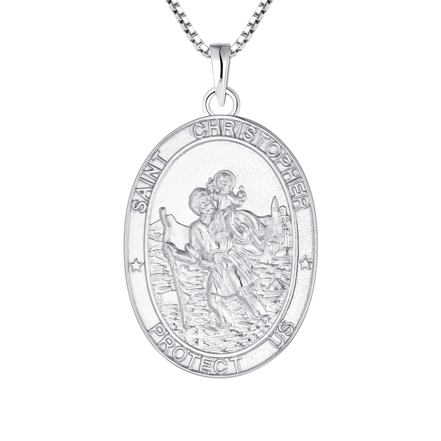FJ Men Women St Christopher Necklace 925 Sterling Silver Saint Christopher Necklace Oval Coin Pendant with 20" Chain