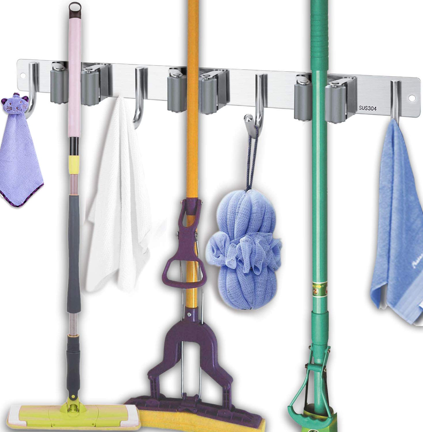 OBELON Stainless Steel Wall Mounted Mop and Broom Holder with 3 Clips & 4 Hooks, No Drill Utility Storage for Kitchen, Bathroom, Garage, Garden - Grey Clip