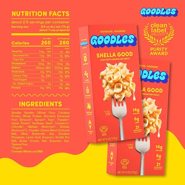 GOODLES SHELLA GOOD AGED WHITE CHEDDAR AND SHELLS PASTA – NUTRIENT PACKED WITH REAL CHEESE, FIBER, PROTEIN, PREBIOTICS, PLANTS, & VEGETABLES | NON-GMO, ORGANIC INGREDIENTS [SHELLA GOOD, 6 OZ. 1 PACK]