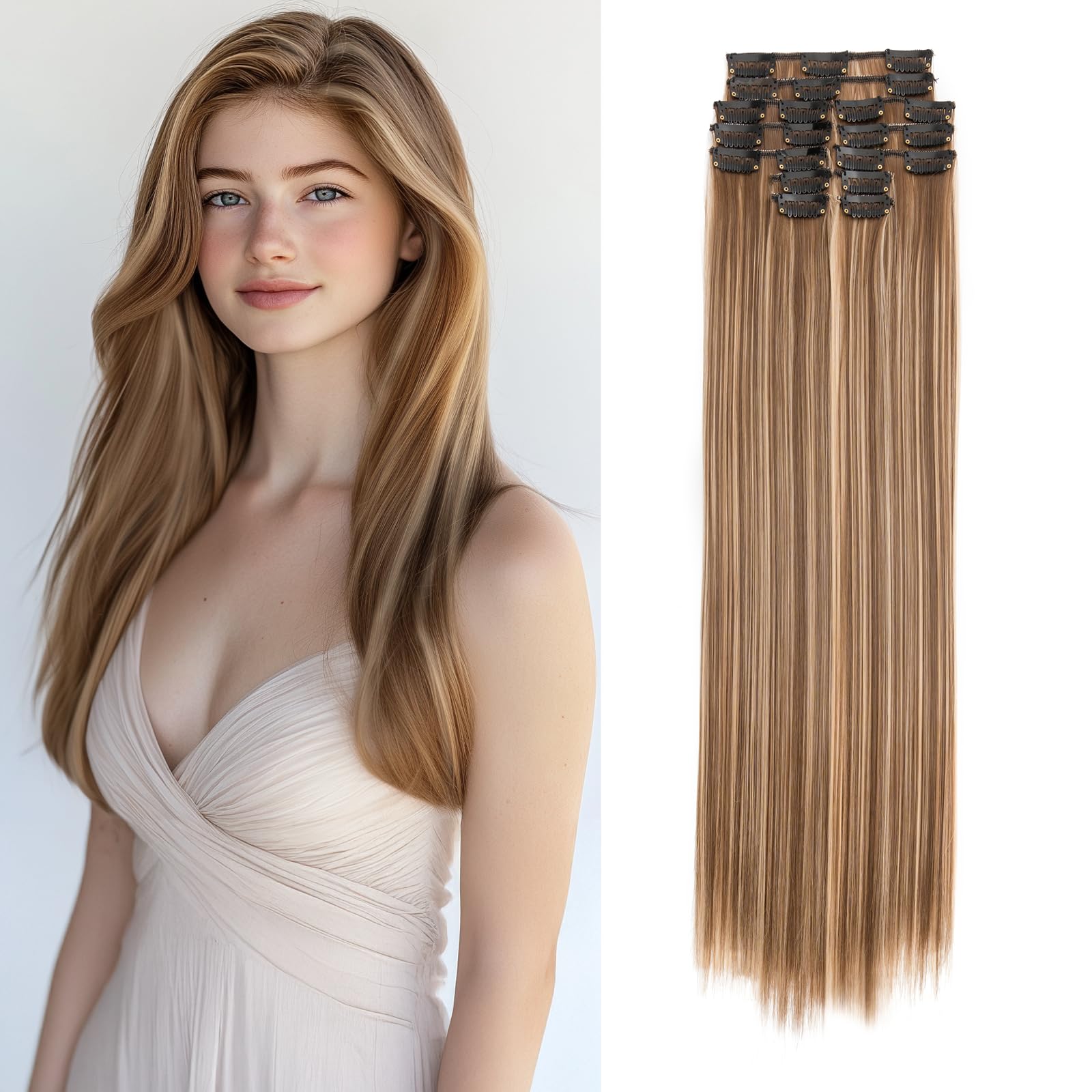 Benehair 22" Clip in Hair Extensions 12 Pcs Long Straight Hair Extensions Clip in Synthetic Fiber Full Natural Extension Medium Brown mix Blonde Hair Piece for Women(Medium Brown mix Blonde, 180g)