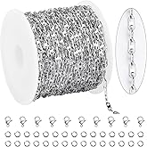 KYUNHOO 16.4 Feet Silver Chain for Jewelry Making Thin Jewelry Chain on Bulk Soldered Stainless Steel Chains Coffee Bean Chain Links with Jewelry Connectors for DIY