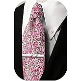 Barry.Wang Men's Cotton Ties Flower 3.15" Necktie Printed Skinny Tie Sets Clip Extra Long Flower Wedding Party