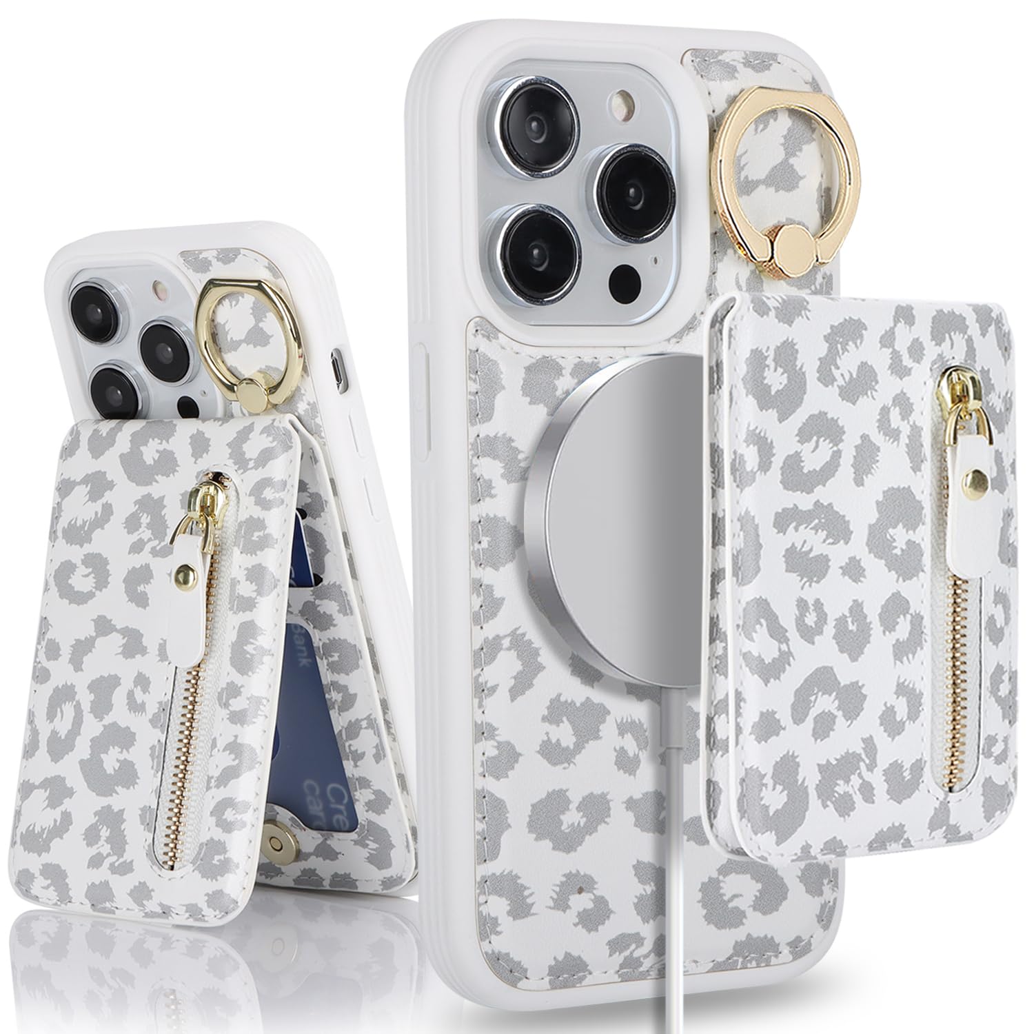 SailorTech iPhone 13 Pro Case with Card Holder, Ring Stand, Kickstand - White Leopard — image 1
