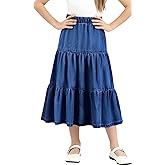 Girls Denim Skirt Elastic High Waist A Line Long Swing Ruffle Hem Casual Midi Jean Skirt for Kids 5-12Y