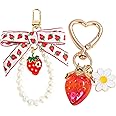 SunixSonie 2Pcs Strawberry Keychain Charm Cute Bag Charms Flower Daisy Pearl Bow Keychain Strawberry gift for Women