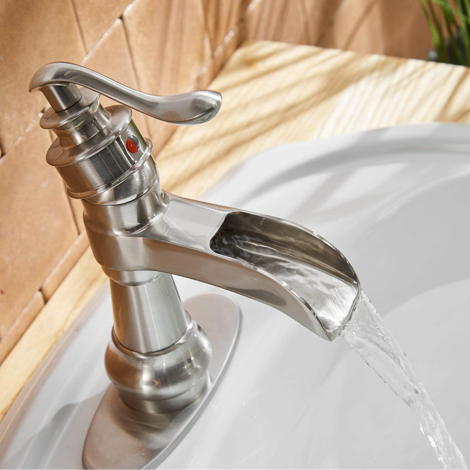 BWE Bathroom Sink Faucet with Drain Assembly and Supply Hose Lead-free Single-Handle One Hole Lavatory Waterfall Faucet Mixer Tap Deck Mounted Brushed Nickel - - 