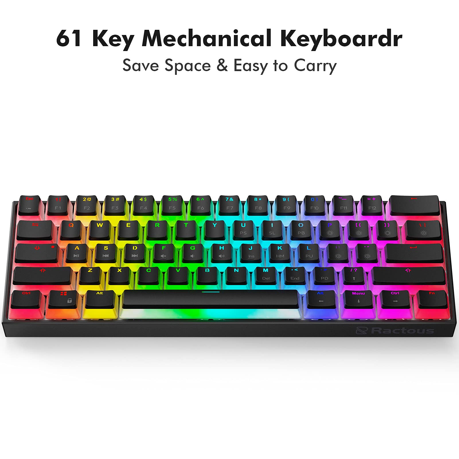 Ractous RTK61P 60% Mechanical Gaming Keyboard RGB Backlit PBT Pudding keycaps 61key Ultra-Compact Wired Keyboard Programmable for PC/Mac Gamers,Hot-Swappable Gateron Optical Brown Switch (Black)