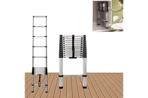 DICN Telescoping Extension Ladder 12.5FT Stainless Steel Portable Multi-Purpose Folding Straight Ladder with Hinges, EN131