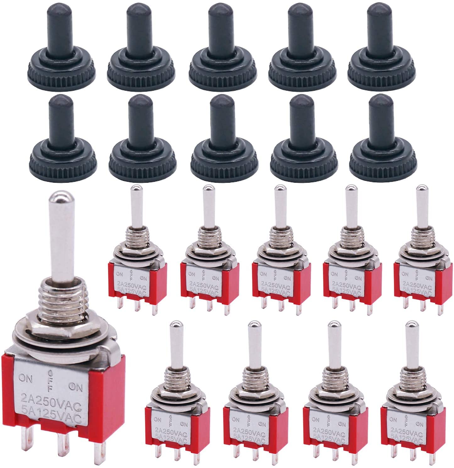 mxuteuk 10Pcs Mini Toggle Switch SPDT 3 Position 3 Pins ON/OFF/ON AC 125V 5A with Waterproof Cap MTS-103-10MZ
