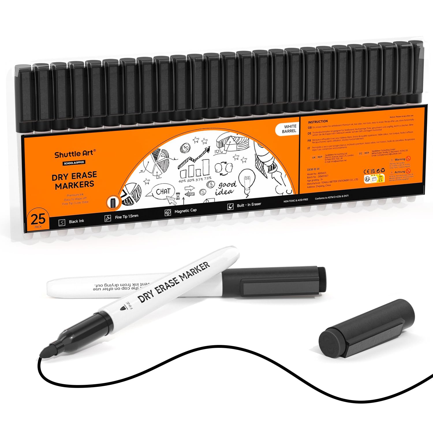 Shuttle Art Magnetic Whiteboard Pens Black, 25 Pack Black Whiteboard Markers with Erase, Fine Point Dry Wipe Markers for Writing on Whiteboards, Planner, Glass for School Office Home