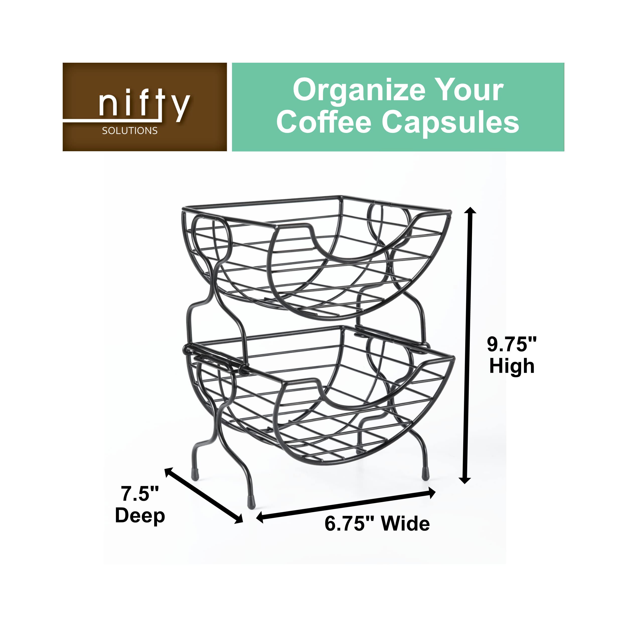 Nifty Single-Serve Wire Coffee Basket – Stacked Two-Tier Coffee Pod Storage Holder, Compatible with K-Cups, Home or Office Kitchen Counter Organizer, Modern Black Design