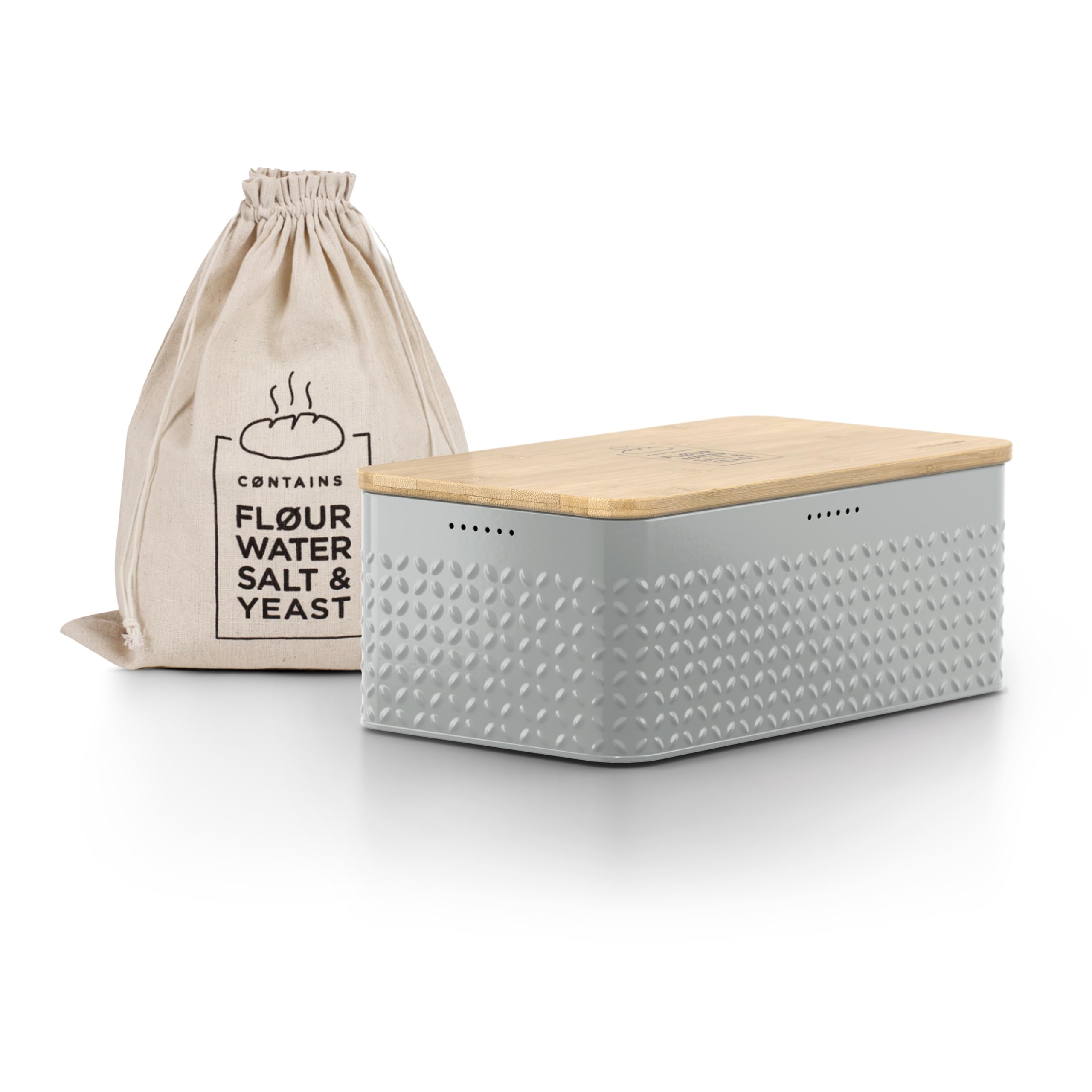 Photo 1 of LARS NYSØM Bread Box I Metal Box with linen bag for long lasting freshness I Bread Bin with bamboo lid usable as cutting board I 13.4x7.3x5.3In (Ash Gray)