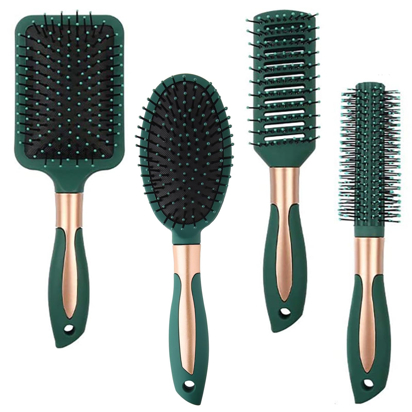 Hair Brush Set ，DDUP 4 PACK Anti Static Massage Oval Comb Round Vent Hair Brush，Detangling Brush ，Paddle Brush for Women Men （Green） — image 1