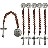 BONITTER 6 Pack Medalla de San Benitol and Crucifix, 9 Inch,Saint Benedict Medal Prayer Pocket Rosary Catholic Brown Wood Beads Cross