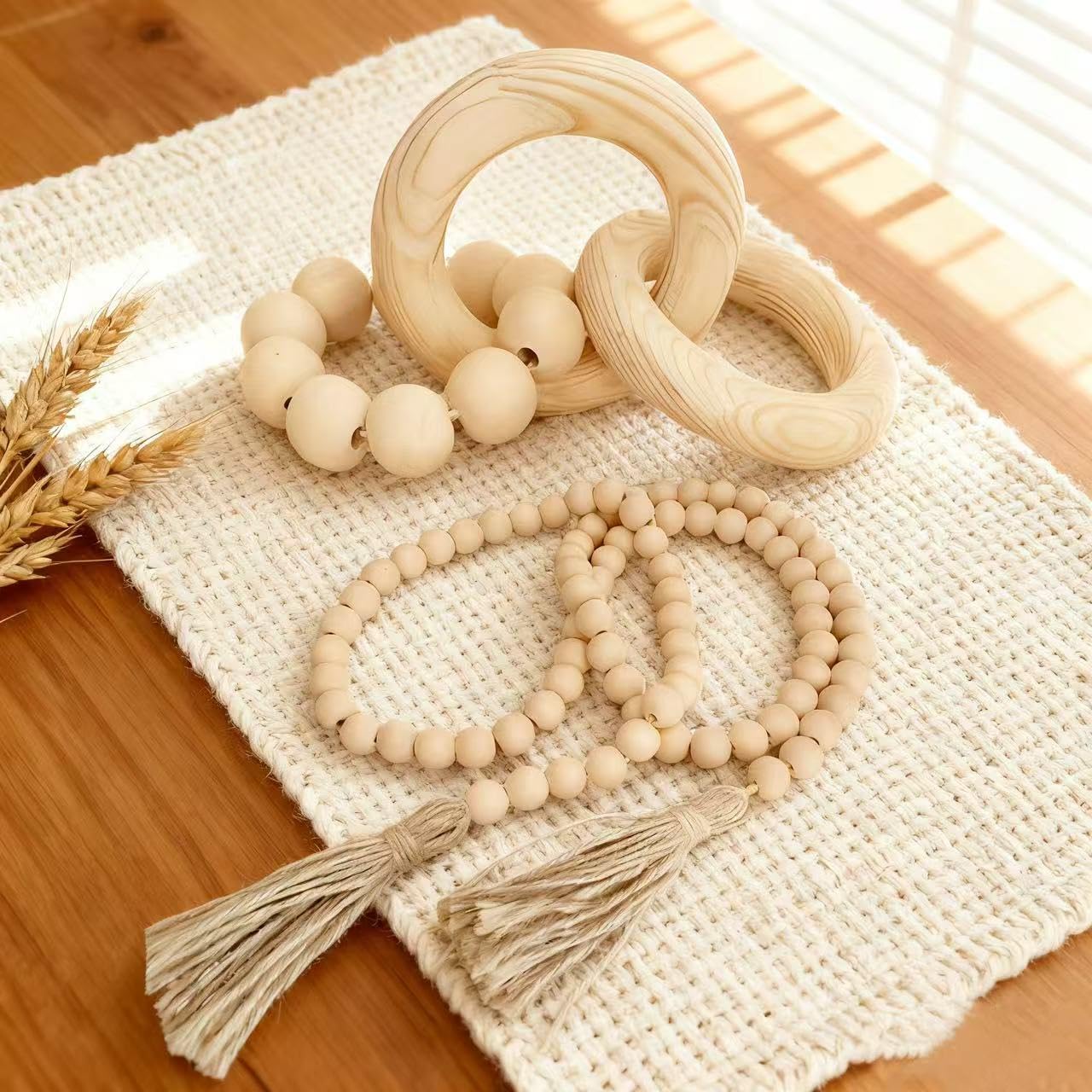 Photo 1 of 2 pcs Decorative Wood Knot Link Chain and Bead Decor, Natural Wooden Knot Decor for Coffee Table Farmhouse Decortive for Home Boho Modern Shelf Decortion(Natural)