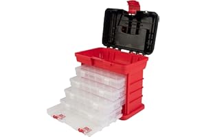 Portable Tool Box - Small Parts Organizer with Drawers and Customizable Compartments for Hardware, Fishing Tackle, Beads, or Crafts by Stalwart (Red)