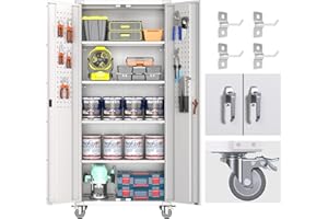 GangMei Garage Storage Cabinet with Wheels & Pegboard, 72" H Locking Metal Storage Cabinet with Doors and 4 Adjustable Shelves for Garage, Workshop, Home, Assembly Required, White
