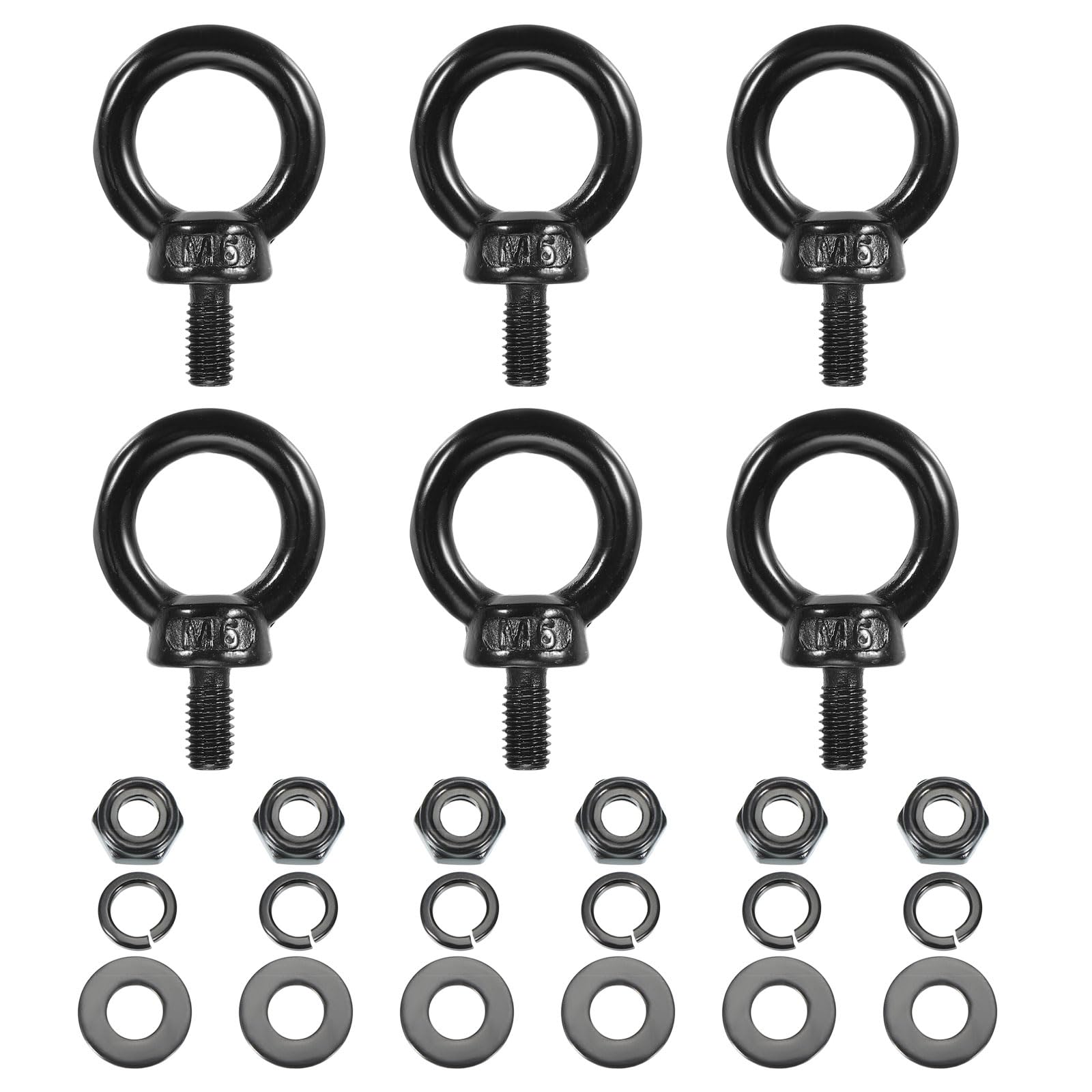 PATIKIL M6x12mm Lifting Shoulder Eye Bolt, 6Pcs 304 Stainless Steel Lifting Ring Threaded Eyebolt with Hex Lock Nut/Lock Washer/Flat Washer for Hanging Hammocks Articles, Black