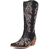 LIXGVHRO Women's Embroider Cowgirl Boots Snip Toe Slip On Bridal Floral Cowboy Boots Casual Knee High Western Boots