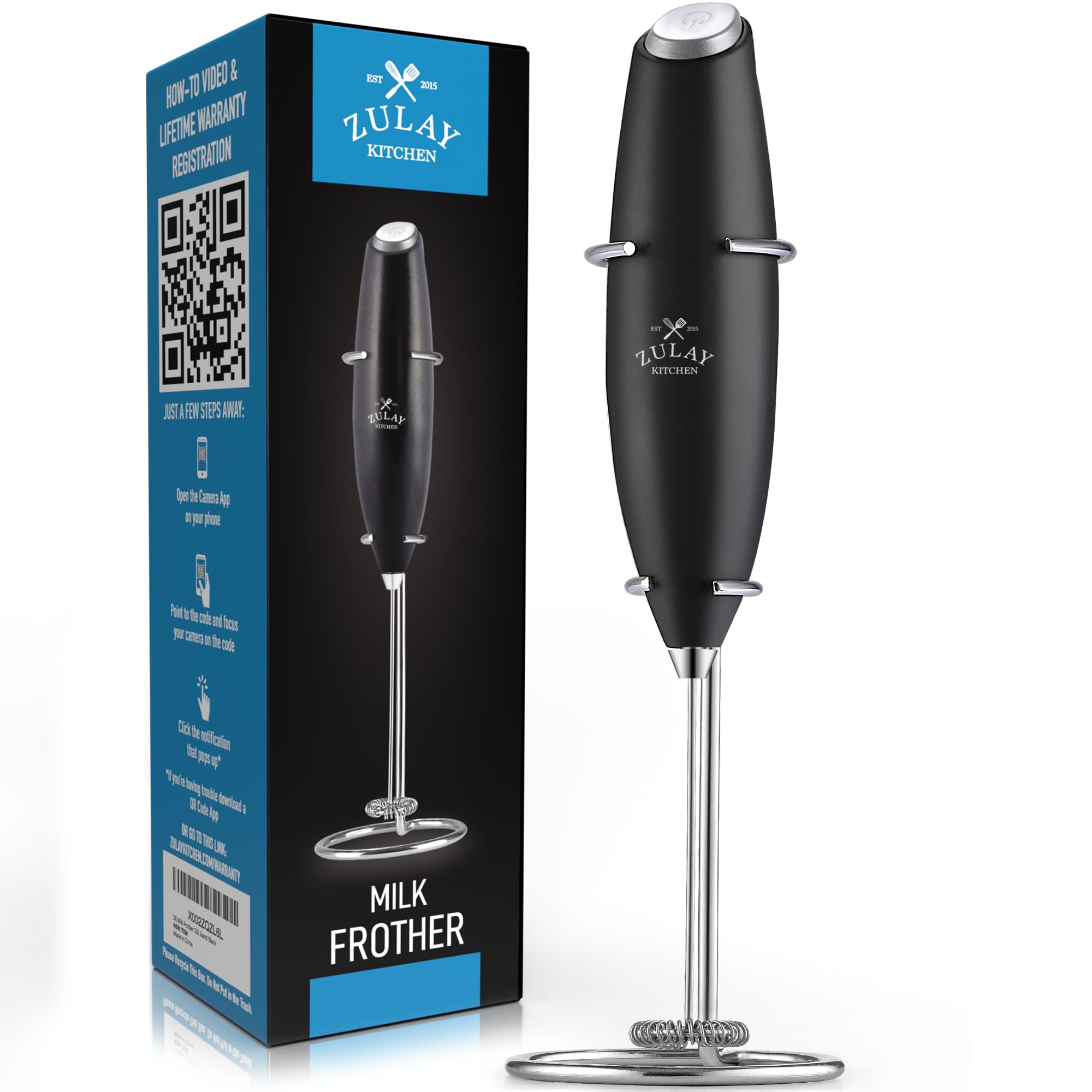 Zulay Kitchen Executive Series Milk Frother Wand - Upgraded & Improved Stand - Ideal Coffee Gift - Coffee Frother Handheld Foam Maker for Lattes - Electric Milk Frother Handheld for Cappuccino